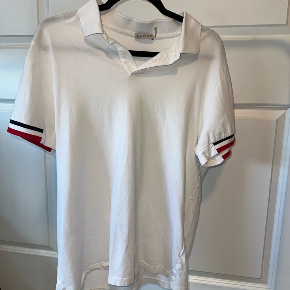 Moncler White Polo with Red and Black Striped Sleeves